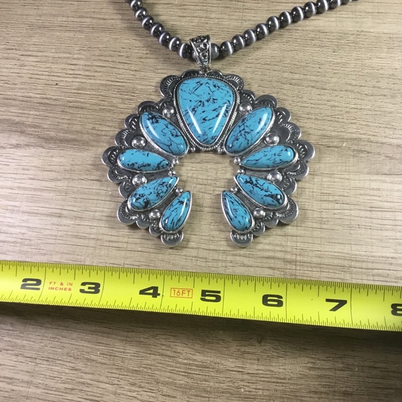 Turquoise and Silver Beaded Necklace With Large Squash Blossom Pendant - Picture 5 of 7